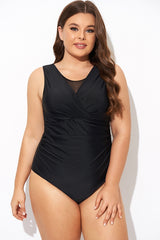 Black Mesh Rounded Back Neckline One Piece Swimsuit