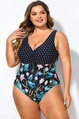 Crewneck Flower Print Polka Dots Knot One Piece Swimsuit