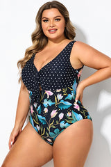 Crewneck Flower Print Polka Dots Knot One Piece Swimsuit