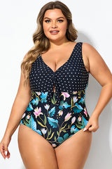 Crewneck Flower Print Polka Dots Knot One Piece Swimsuit