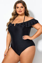 Black Flounce Off The Shoulder Ruffle One Piece Swimsuit