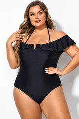 Black Flounce Off The Shoulder Ruffle One Piece Swimsuit