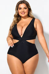 Black Cut Out Plunge Back Hook One Piece Swimsuit