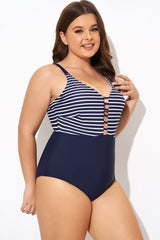 Stripe Plunge Deep V neck One Piece Swimsuit