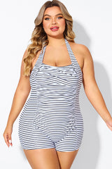 Striped Ruched Panel Halter Women One Piece Swimsuit