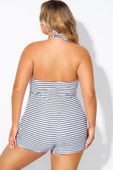 Striped Ruched Panel Halter Women One Piece Swimsuit