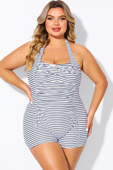 Striped Ruched Panel Halter Women One Piece Swimsuit