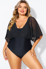 Solid Black Mesh Patchwork One Piece Swimsuit