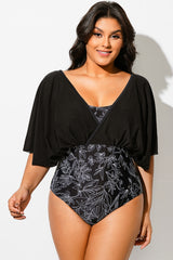 Black Mesh Floral Print Patchwork One Piece Swimsuit