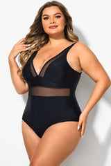 Black V Neck Mesh Splicing One Piece Swimsuit