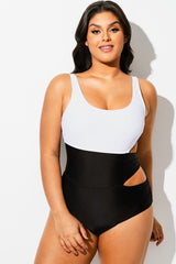 Plus Size Black＆White Colorblock Cutout One Piece Swimsuit
