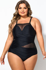 Black Round Neck Adjustable Straps One Piece Swimsuit