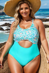 Plus Size Teal Floral Cut-Out One Piece Swimsuit
