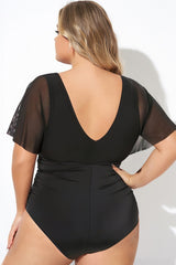 Black Wireless Mesh Flutter Sleeve One Piece Swimsuit