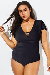 Black Flutter-Sleeve Swim One Piece Swimsuit