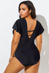 Black Flutter-Sleeve Swim One Piece Swimsuit