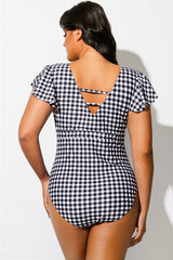 Black & White Flutter-Sleeve Swim One Piece Swimsuit