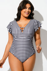 Black & White Flutter-Sleeve Swim One Piece Swimsuit
