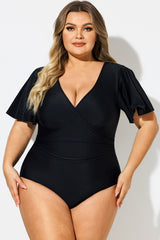 Solid Black V-Neck Sleeves One Piece Swimsuit