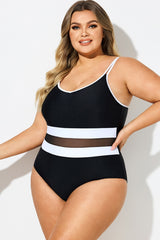Plus Size Black & White Mesh One Piece Swimsuit