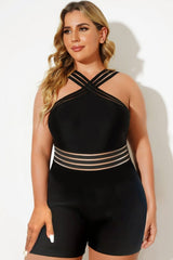 Black Crossover Lady Boxer Short One Piece Swimsuit
