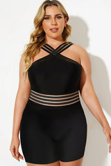 Black Crossover Lady Boxer Short One Piece Swimsuit