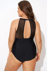 High Neck Striped Mesh Slimming Halter One Piece Swimsuit