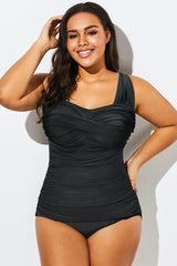Plus Size Retro Black V-Neck One Piece Swimsuit