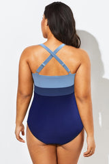 Plus Size Contrast Twist Front Skinny One Piece Swimsuit