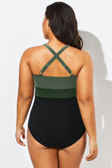 Green Contrast Twist Front Skinny One Piece Swimsuit