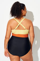 Colorblock Contrast Twist Front Skinny One Piece Swimsuit