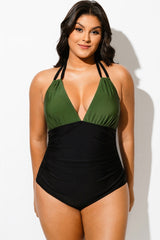 Green Halter V-Neck Colorblock One Piece Swimsuit