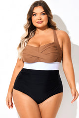 Brown Contrast Twist Front Skinny One Piece Swimsuit