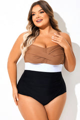 Brown Contrast Twist Front Skinny One Piece Swimsuit