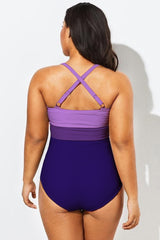 Purple Contrast Twist Front Skinny One Piece Swimsuit
