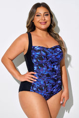 Blue Floral Twist Front Push Up One Piece Swimsuit