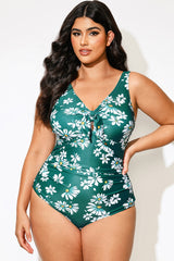 Plus Size Daisy Print Knotted Ruched One Piece Swimsuit