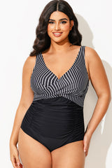 Black & White Striped Shirred One Piece Swimsuit