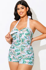 Plus Size Green Monstera Print One Piece Swimsuit