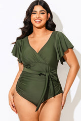 Green V-Neck Ruffle Sleeve One Piece Swimsuit