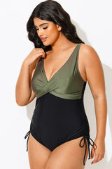 V-Neck Green Colorblock One Piece Swimsuit