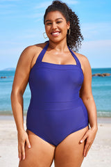 Navy Square Neck Halter One Piece Swimsuit