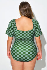 Green Check Short Sleeve One Piece Swimsuit
