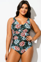 V-Neck Floral Print One Piece Swimsuit