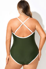 Green V-Neck Colorblock One Piece Swimsuit