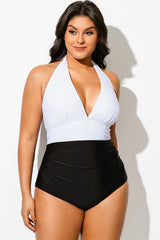 Black & White Colorblock Halter Backless One Piece Swimsuit