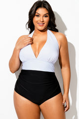Black & White Colorblock Halter Backless One Piece Swimsuit