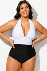 Black & White Colorblock Halter Backless One Piece Swimsuit