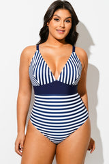 Navy Blue Stripe V-Neck One Piece Swimsuit