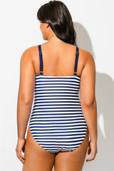 Navy Blue Stripe V-Neck One Piece Swimsuit